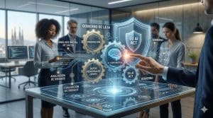 Infografía conceptual profesional de Gobierno de la IA en BCNSoluciona mostrando un marco de control sobre innovación y datos personales cumpliendo con el Reglamento de IA de la UE (AI Act) y RGPD