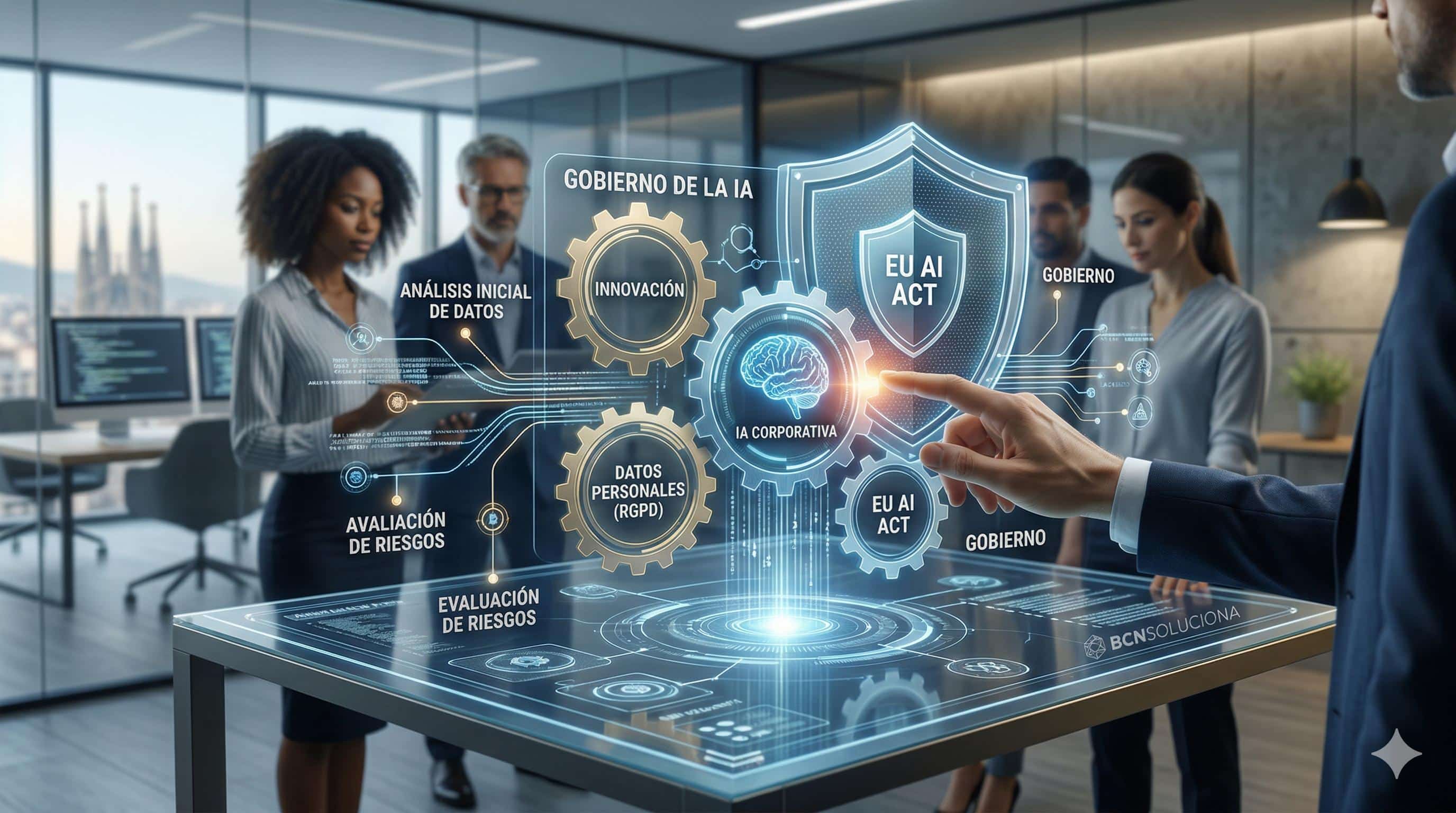 Infografía conceptual profesional de Gobierno de la IA en BCNSoluciona mostrando un marco de control sobre innovación y datos personales cumpliendo con el Reglamento de IA de la UE (AI Act) y RGPD