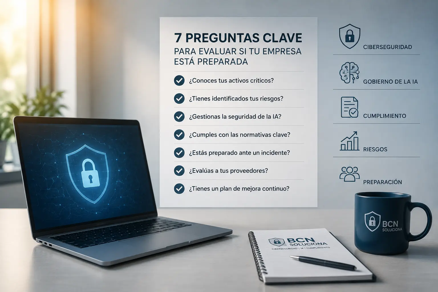Evaluación de ciberseguridad para empresas | BCNSoluciona Evaluación de ciberseguridad para empresas mediante un checklist de riesgos tecnológicos, gobierno de la IA y cumplimiento normativo.